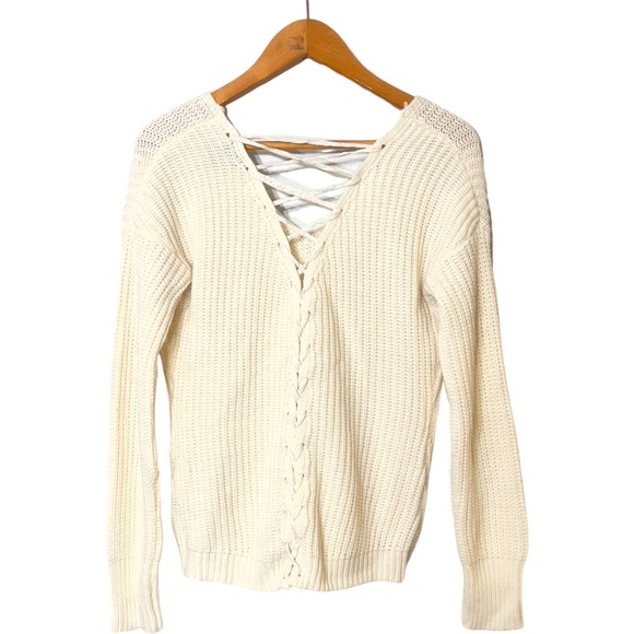 Anthropologie Moon & Madison Ivory Lace Up Back V-Neck Pullover Knit Sweater M - Picture 2 of 11